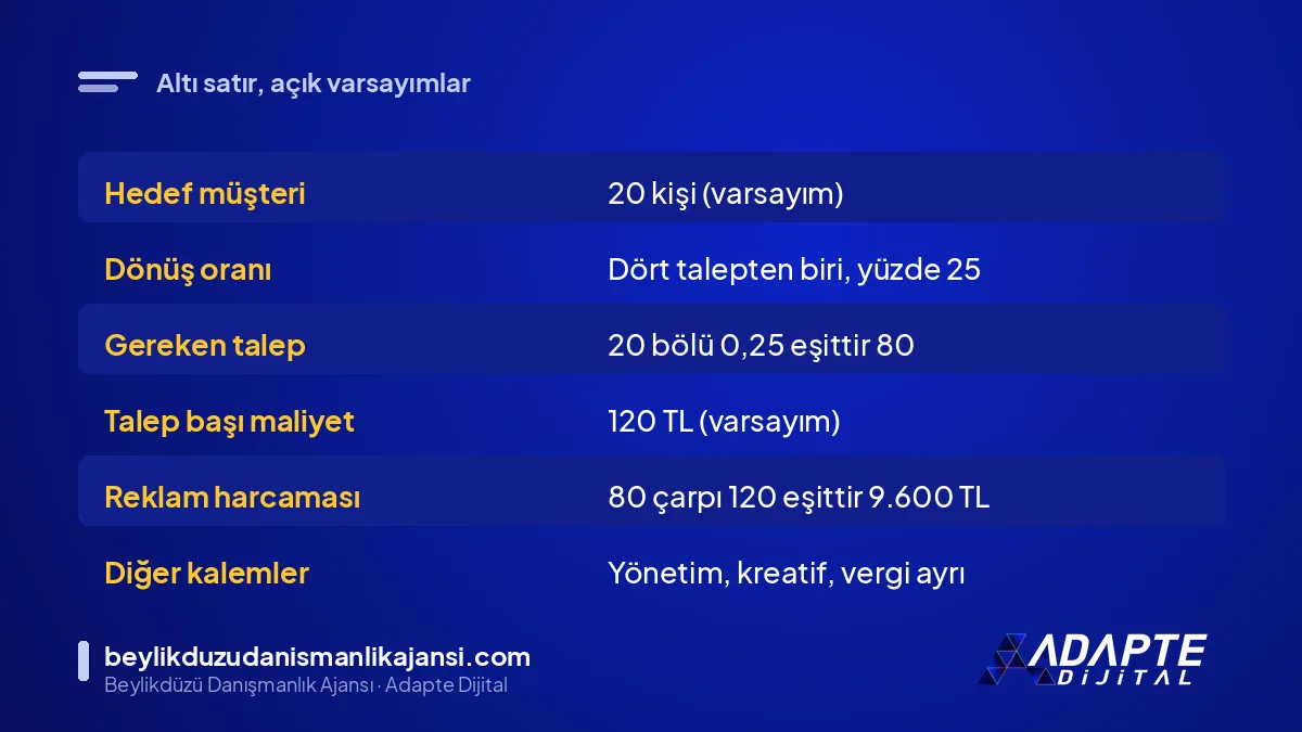 Aylık reklam bütçesi hesaplama tablosu: altı satır ve örnek değerler
