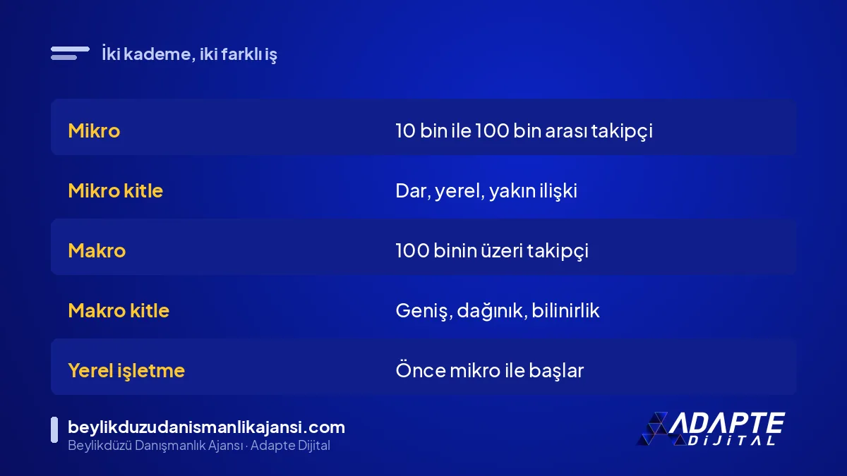 Mikro ve makro influencer karşılaştırma tablosu: kitle, güven ve kullanım amacı