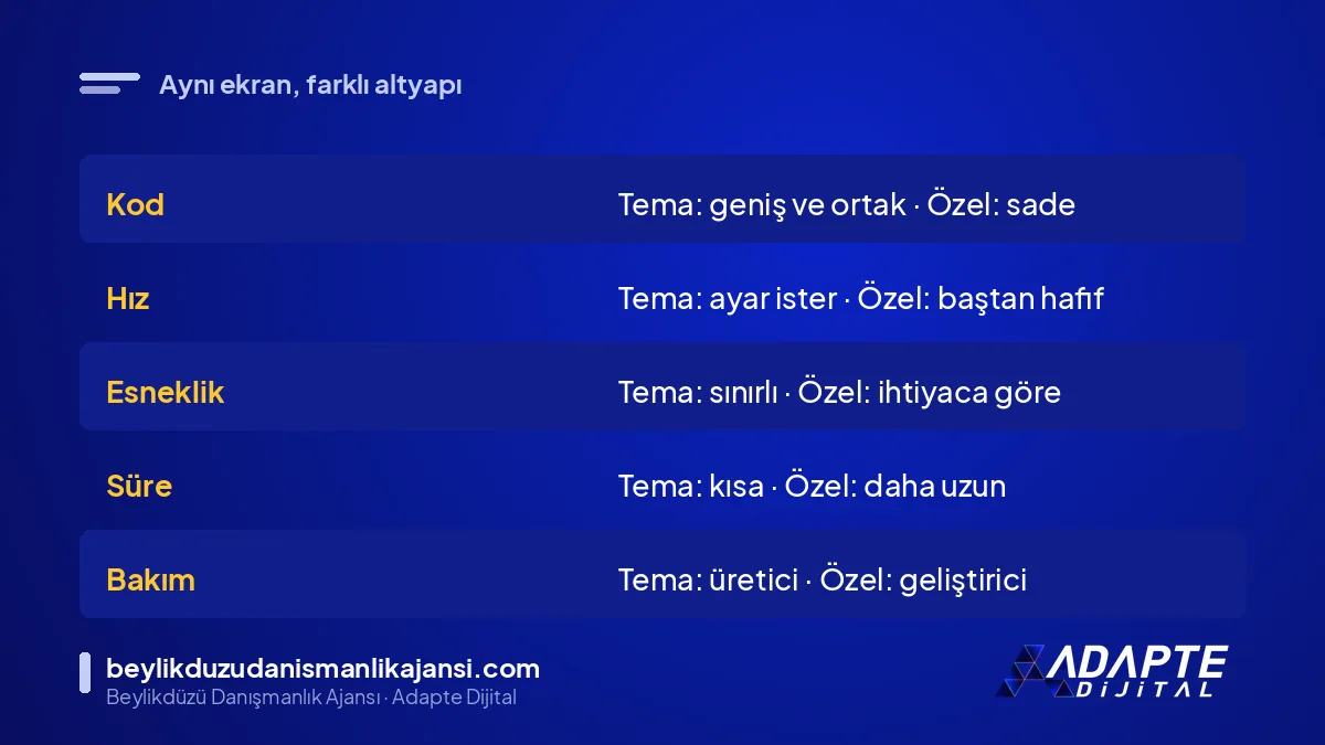 Özel web sitesi tasarımı ve hazır tema karşılaştırması: kod, hız, esneklik, bakım