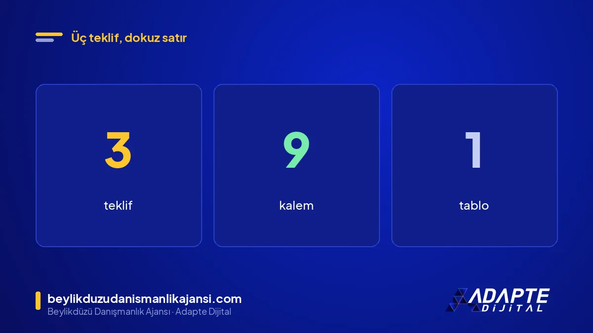Web tasarım teklifi karşılaştırma: 3 teklif, 9 kalem, 1 tablo