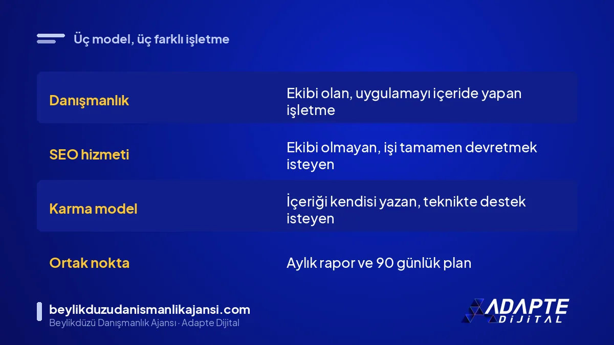 SEO danışmanlığı, SEO hizmeti ve karma modelin kime uyduğunu gösteren karşılaştırma