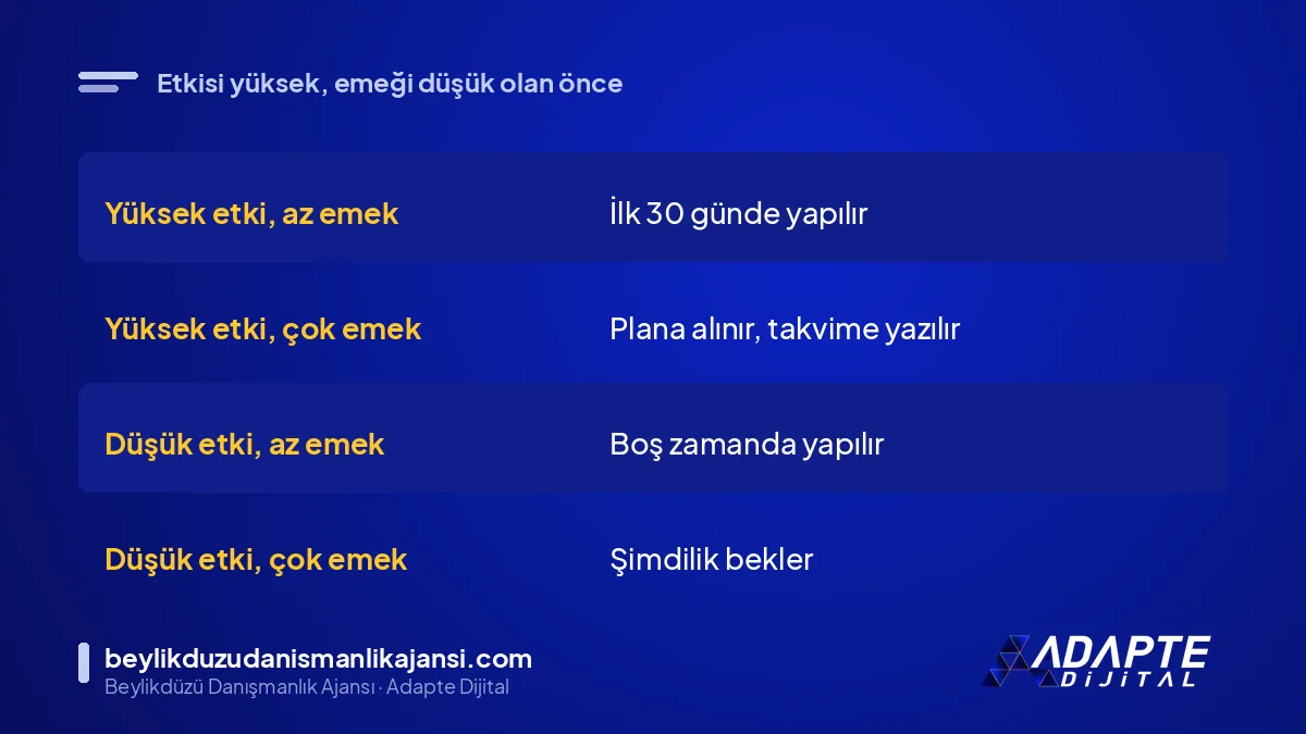 SEO denetimi bulgularını etki ve emek düzeyine göre sıralayan öncelik tablosu