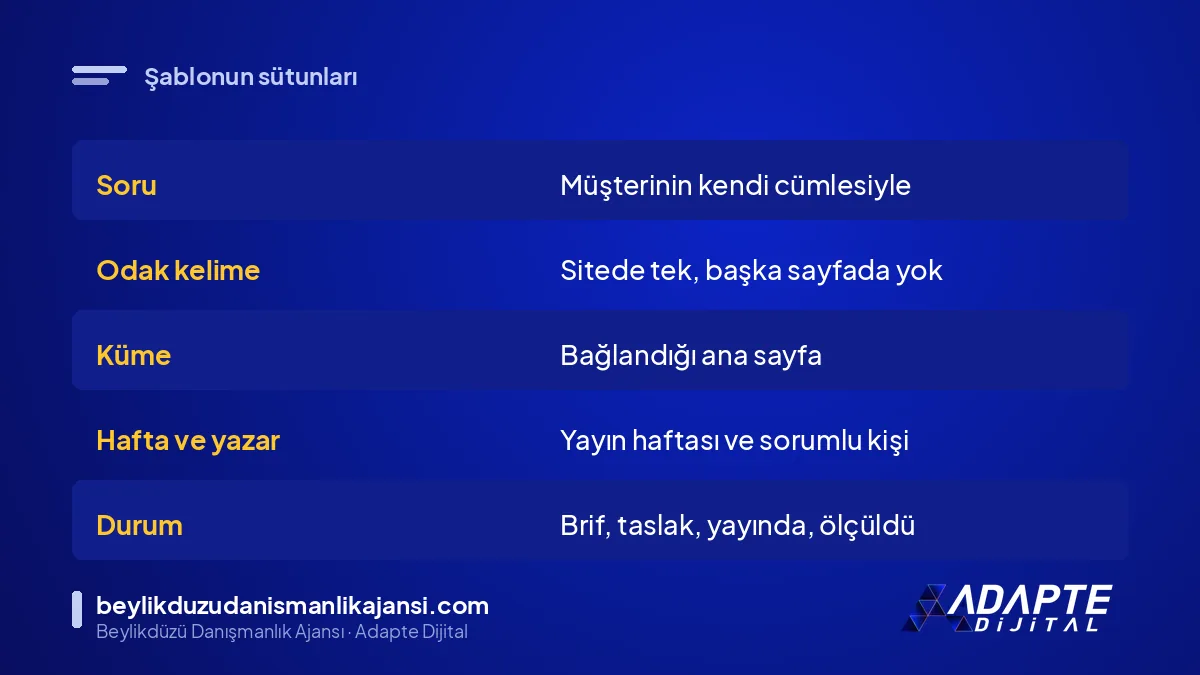 SEO içerik takvimi şablonundaki sütunların ne işe yaradığını gösteren tablo