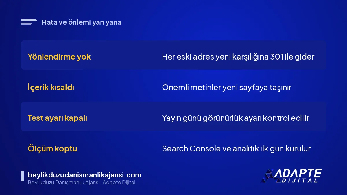 Site yenileme sırasında yapılan hataları ve önlemlerini karşılaştıran tablo